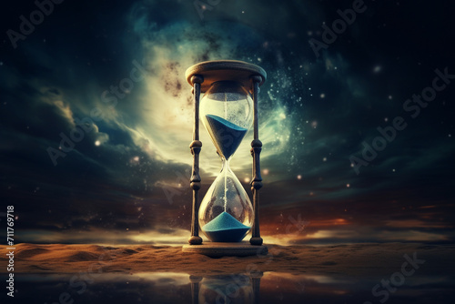 States of mind, culture and religion, life, art concept. Beautiful retro hourglass in surreal desert and night sky with stars background illustration. Fragile and short life metaphor