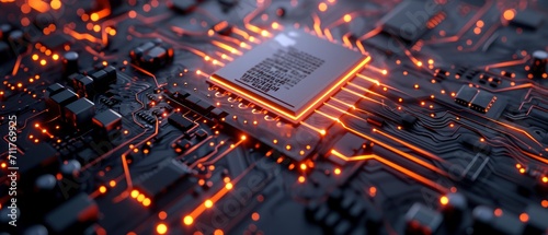 a motherboard CPU processor microchip initiates the digitalization of data, Dynamic digital lines converge into the AI symbol.  photo