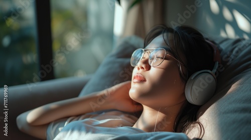 Relaxed young Asian woman enjoying rest on comfortable sofa, calm attractive girl relaxing on couch, wearing eyeglasses and headset, meditating at home, generative ai photo