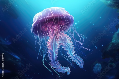 This stunning painting showcases a realistic portrayal of a jellyfish gracefully navigating through the vibrant depths of the ocean, Jellyfish in the deep blue ocean, 3D illustration, AI Generated