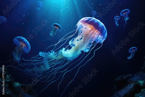 A mesmerizing display as jellyfish gracefully swim in an aquarium, Jellyfish in the deep blue ocean, 3D illustration, AI Generated