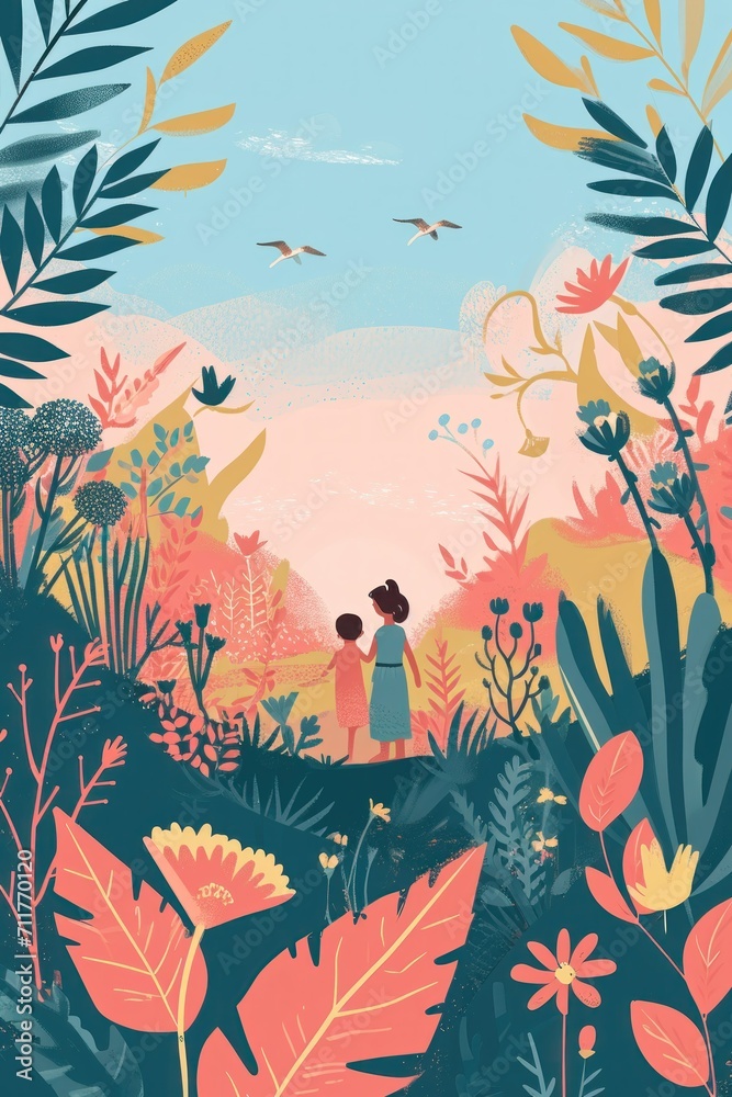 Family Love and Countryside Landscape. Nature Flower Field. Portrait of a family in nature. mother and daughter holding hands walking along a country road through a meadow. Happy earth day. Family Love and Countryside Landscape. Nature Flower Field. Portrait of a family in nature. mother and daughter holding hands walking along a country road through a meadow. Happy earth day.