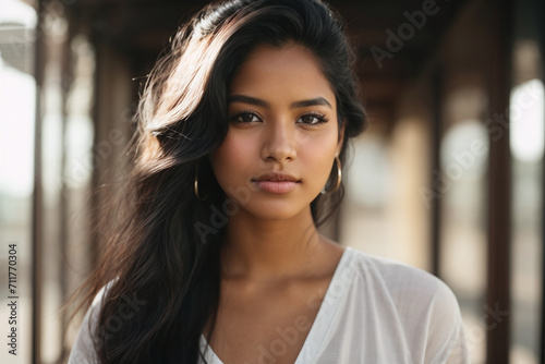 Young woman portrait  black hair light background 