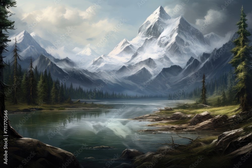 A breathtaking painting capturing the serene beauty of a mountain range with a tranquil lake in the foreground, lake and mountains, AI Generated