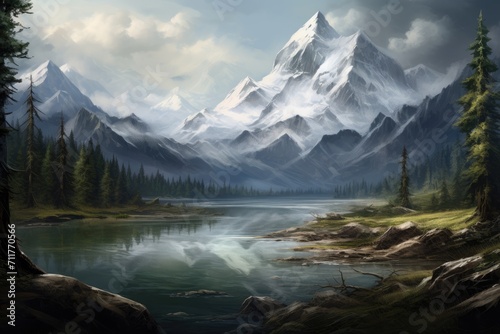 A breathtaking painting capturing the serene beauty of a mountain range with a tranquil lake in the foreground, lake and mountains, AI Generated