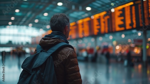 Rear view of man in international airport, checking flight at the flight information board, Tourist journey trip concept, generative ai