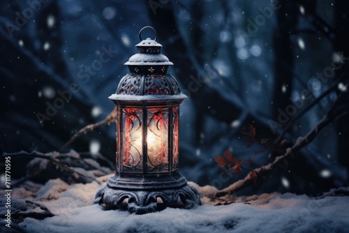 A solitary lantern rests on the pristine white snow, casting a soft glow in the cold winter night, lantern in the snow, AI Generated © Iftikhar alam