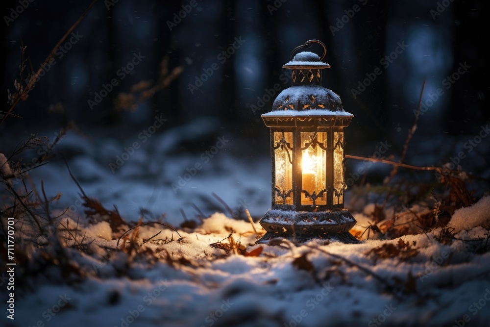 A lantern illuminates the wintry ambiance of a forest, creating a magical and captivating scene, lantern in the snow, AI Generated