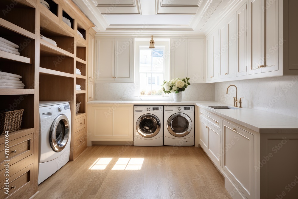 A practical laundry room featuring a washer and dryer for convenient and efficient clothes cleaning, Laundry space with built-in cabinets, AI Generated A practical laundry room featuring a washer and dryer for convenient and efficient clothes cleaning, Laundry space with built-in cabinets, AI Generated