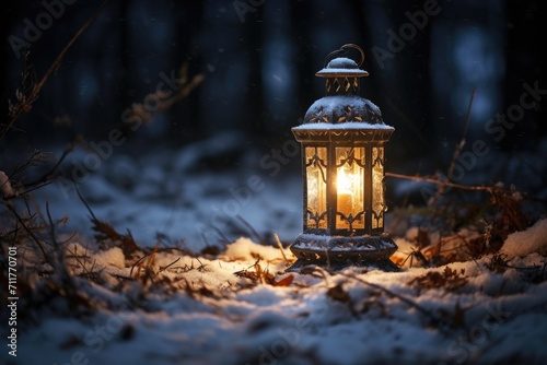 A lantern illuminates the wintry ambiance of a forest, creating a magical and captivating scene, lantern in the snow, AI Generated