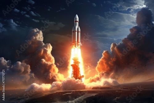 A rocket soars into the sky amidst billowing clouds, Launching a spacecraft or rocket from Earth, AI Generated