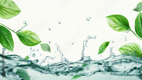 Green flying leaves in water isolated on white background with place foe text. Fresh tea, air purifier, organic, vegan, eco or beauty product concept design