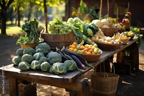 A collection of various types of fresh vegetables showcased on a rustic wooden table, Local Produce at a Farmer's Harvest Festival, AI Generated