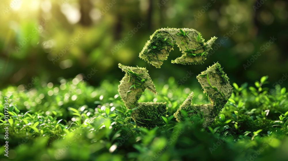 Recycle symbol on a green background among the plants. Eco concept of reduce, reuse, recycling, save the planet, environmental preservation Recycle symbol on a green background among the plants. Eco concept of reduce, reuse, recycling, save the planet, environmental preservation