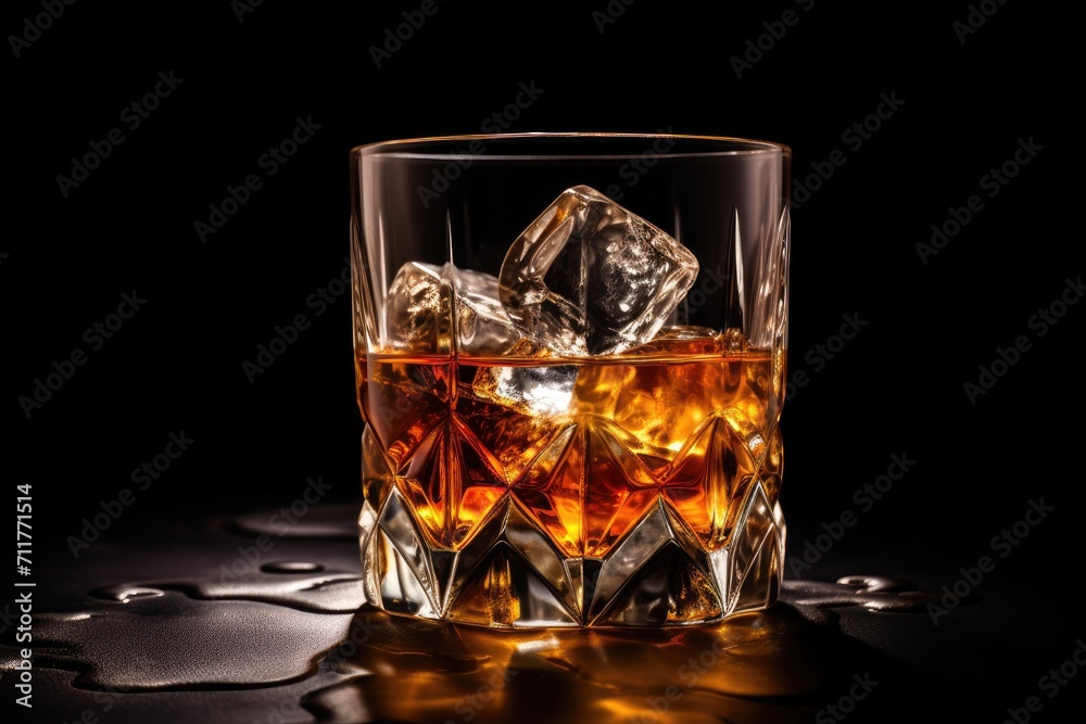 A glass of whiskey with ice cubes sits on a sleek black background, creating a striking and captivating image, Glass of whiskey with ice cubes on a plain background, AI Generated