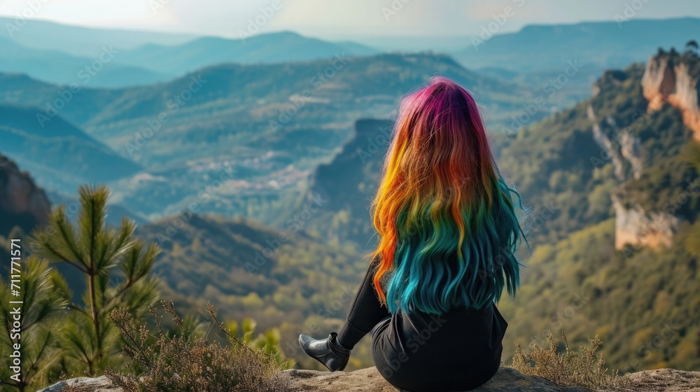 Naklejka premium Woman with vibrantly colored hair sitting on a cliff generative ai