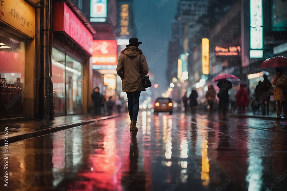 Rain-Kissed Pavements:
Gentle rain begins to fall, casting a shimmering glow on the city streets. Neon reflections dance on wet pavements, creating a surreal mirror image of the bustling life above.