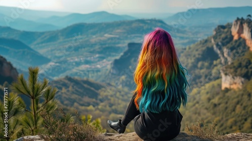 Woman with vibrantly colored hair sitting on a cliff generative ai
