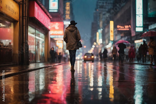 Rain-Kissed Pavements:
Gentle rain begins to fall, casting a shimmering glow on the city streets. Neon reflections dance on wet pavements, creating a surreal mirror image of the bustling life above. photo