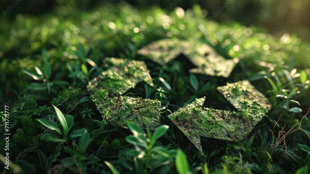 Recycle symbol on a green background among the plants. Eco concept of ...