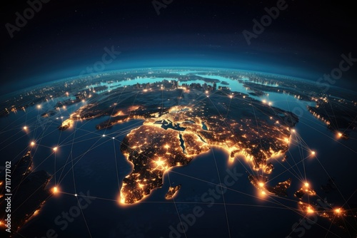 The Nighttime Earth, A Glimpse of Our Planet Illuminated by Countless Lights, Global network connection over the world is portrayed, with elements of the image furnished by NASA, AI Generated