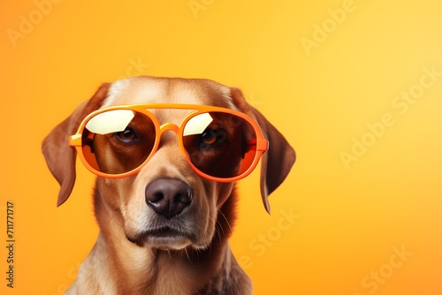 Cute funny dog wearing sunglasses on color background.