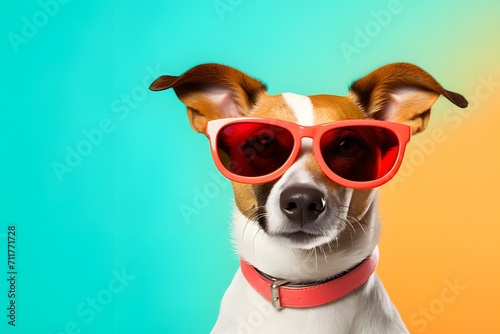 Cute funny dog wearing sunglasses on color background.