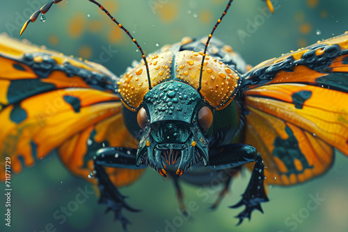 science fiction nature beetle portrait spreading 3d wings