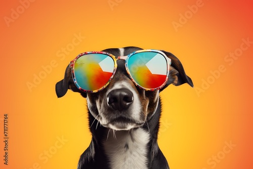 Cute funny dog wearing sunglasses on color background.