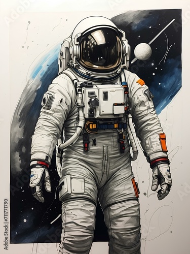 A visually stunning rendering of a full body astronaut, captured in a sketchbook style with a mix of bold and loose lines.