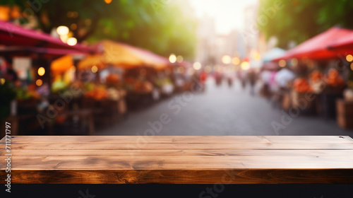 Rustic Wooden Table with Copy Space Amidst the Bustle of a Vibrant Street Market - Fresh Produce  Organic Lifestyle  and Local Agriculture on Display