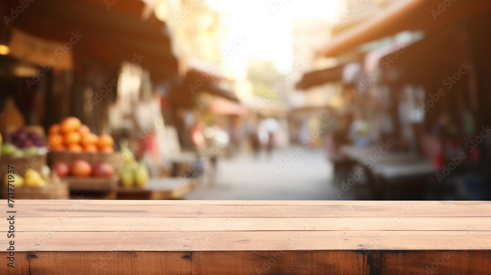 Rustic Wooden Table with Copy Space Amidst the Bustle of a Vibrant Street Market - Fresh Produce, Organic Lifestyle, and Local Agriculture on Display