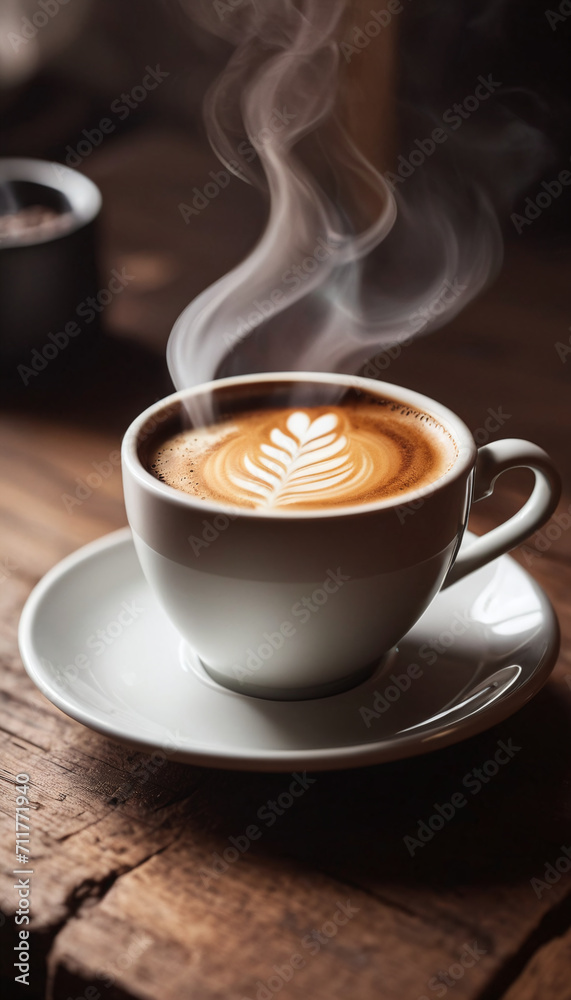 Cup of coffee on a wooden table generated by AI