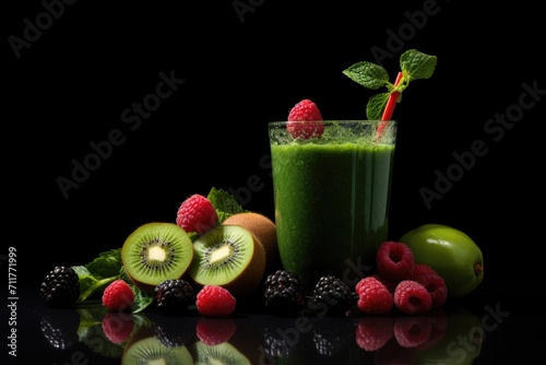 Refreshing Green Smoothie With Kiwi  Raspberries  and Mint  Green smoothie adorned with fruits and berries against a black background  Healthy food concept  AI Generated