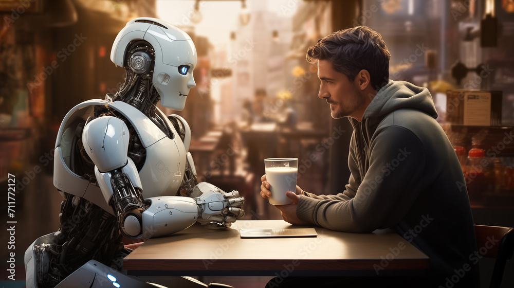 Kind young man talking to a humanoid robot in a cafe. Friendship of the future. Connection between human and cyborg. - obrazy, fototapety, plakaty 