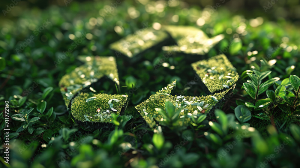 Recycle symbol on a green background among the plants. Eco concept of ...