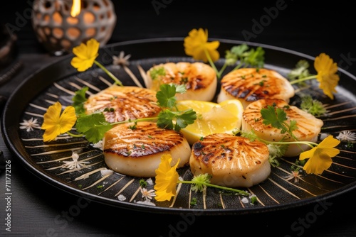 A black plate showcases mouthwatering scallops and tangy lemon wedges, creating an appetizing seafood dish, Grilled scallops served with buttercups on a black plate, AI Generated