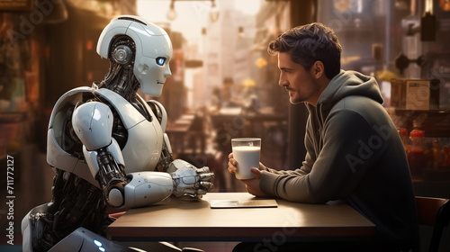 Kind young man talking to a humanoid robot in a cafe. Friendship of the future. Connection between human and cyborg.