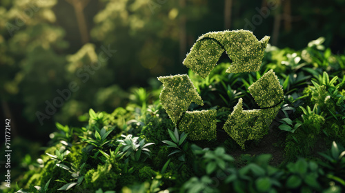 Recycle symbol on a green background among the plants. Eco concept of reduce  reuse  recycling  save the planet  environmental preservation