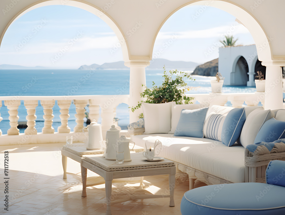 3d rendering of a beautiful terrace with sea view in luxury hotel interior