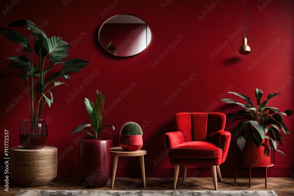 modern living room with red wall , sofa. a A round mirror is mounted on the wall