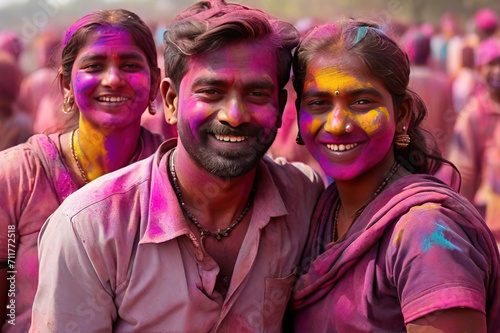 Portrait of Indian people at the Holi Festival of Colors, Happy men and women at the traditional Indian Holi festival
