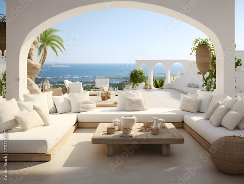 3d rendering of a beautiful terrace with sea view in luxury hotel interior © wing