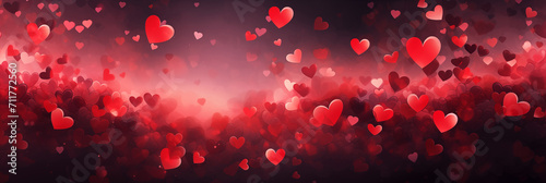 Beautiful background banner with red hearts, lights, sparkles and bokeh. Valentine's Day. Panoramic web header with copy space. Wide screen wallpaper