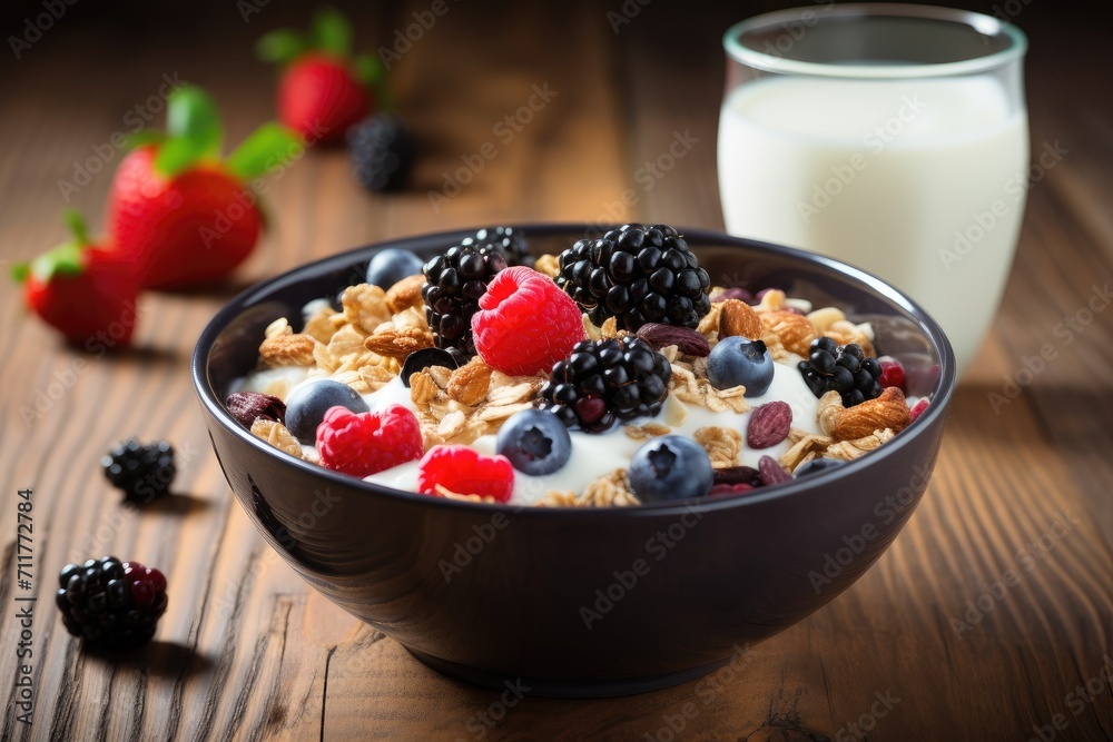 A bowl filled with cereal, topped with fresh berries and yogurt, served next to a glass of milk, Healthy breakfast bowl filled with oat granola, berries, and milk, AI Generated
