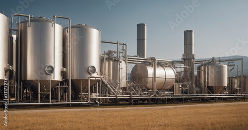 A modern brewery or distillery with stainless steel tanks and machinery, showcasing the industrial process of craft beer production.