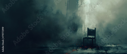 A solitary chair sits in the corner of a dark room, surrounded by swirling fog and the distant sound of rain, evoking a sense of mystery and isolation