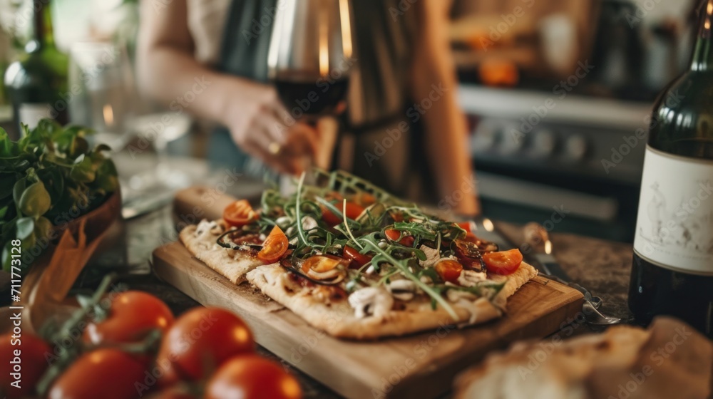 Hipster blogger or cook holds wooden tray or board with homemade organic flatbread pizza, covered with vegetables, veggies and cheese, romantic diy dinner with wine   