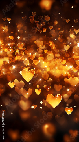 Golden hearts with gold lights on beautiful dark background. Valentine's Day card