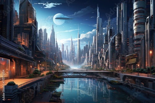 Futuristic City With River  An Impressive Urban Landscape Embracing Nature  Highly detailed rendering of a modern cityscape featuring buildings and skyscrapers  AI Generated